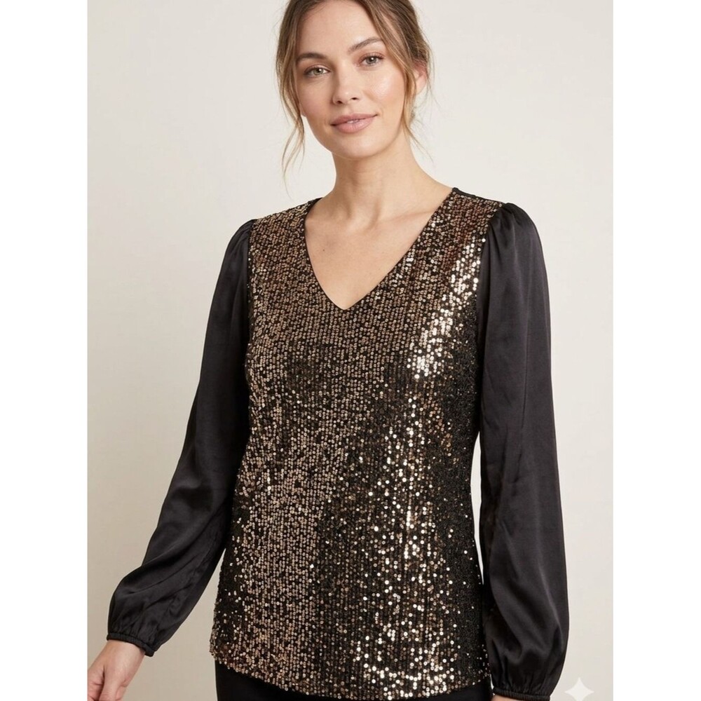 NAIF Black Gold Sequin V-Neck Blouse with Satin Long Sleeves - Size S